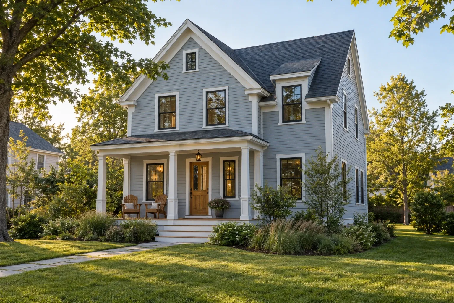 Blue-gray New England home with a covered porch, white trim and a green front lawn