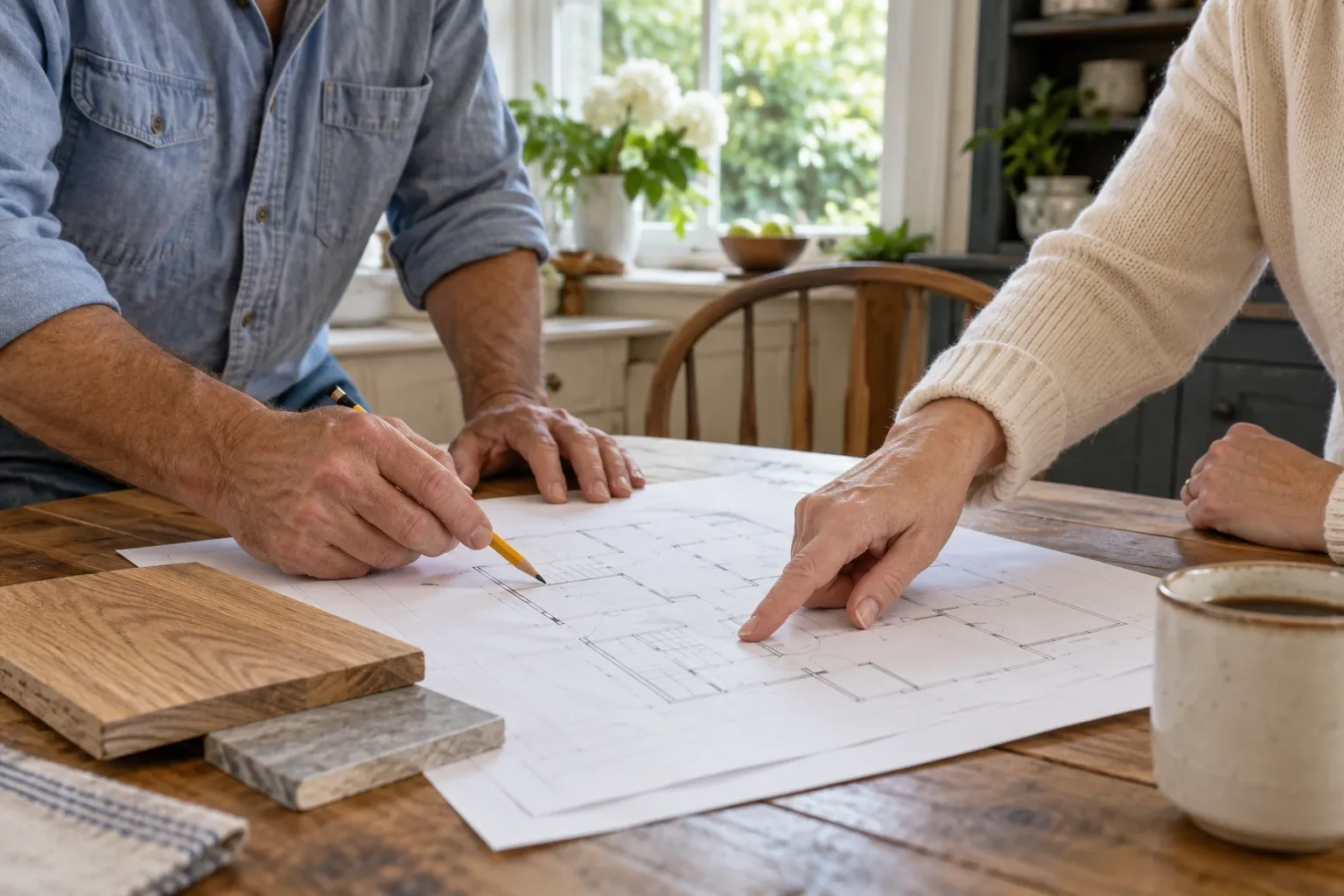 A homeowner and carpenter discuss floor plans and wood samples at a kitchen table