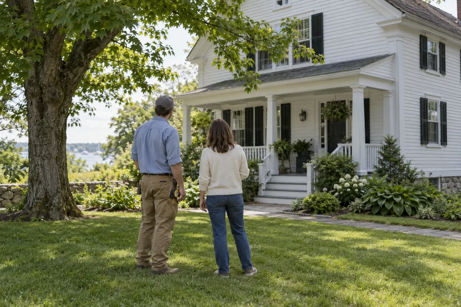 A homeowner and builder discuss a Maine house from the front lawn