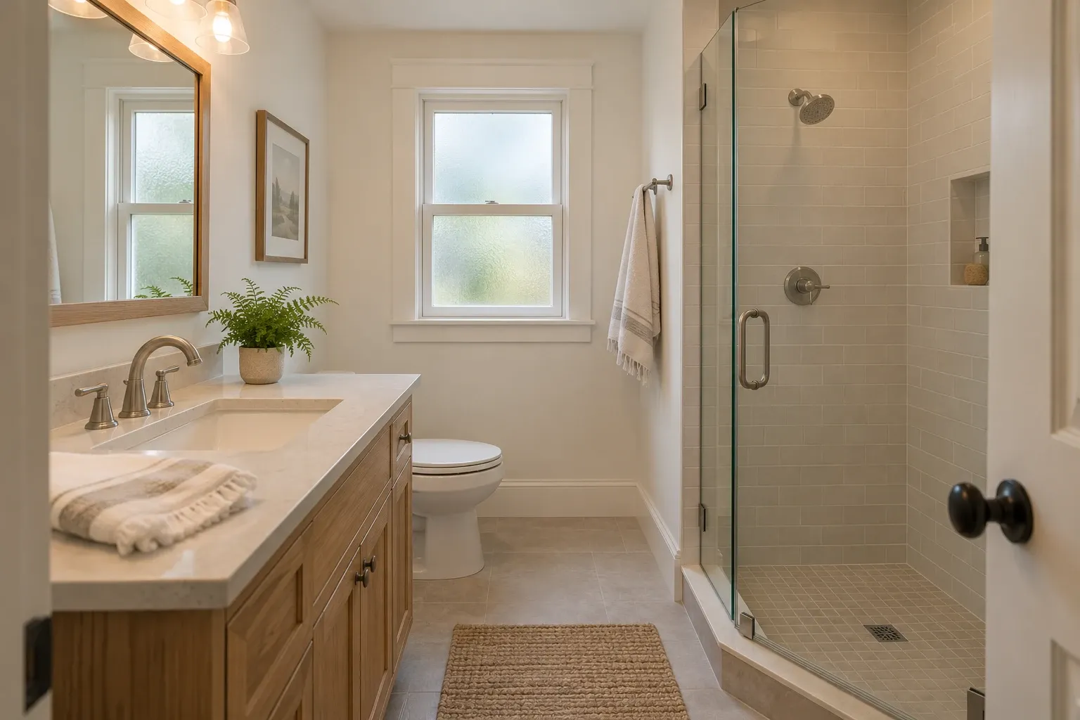 Bright bathroom with an oak vanity, a frosted window and a tiled walk-in shower