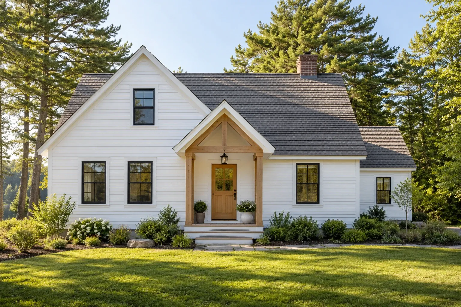 White New England Cape home with a timber porch and dark-trimmed windows